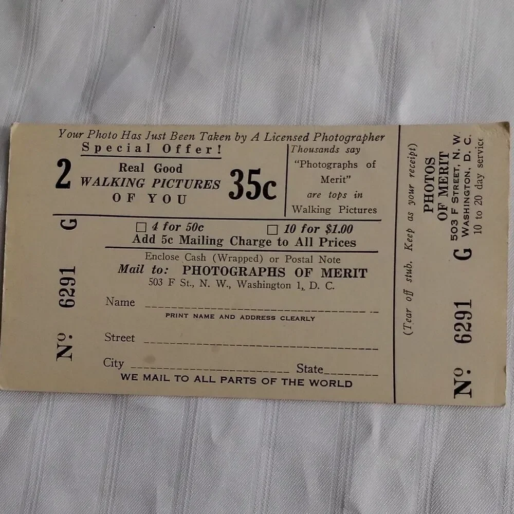 Vintage Walking Pictures Photography Receipt Photos of Merit Washington DC 6291